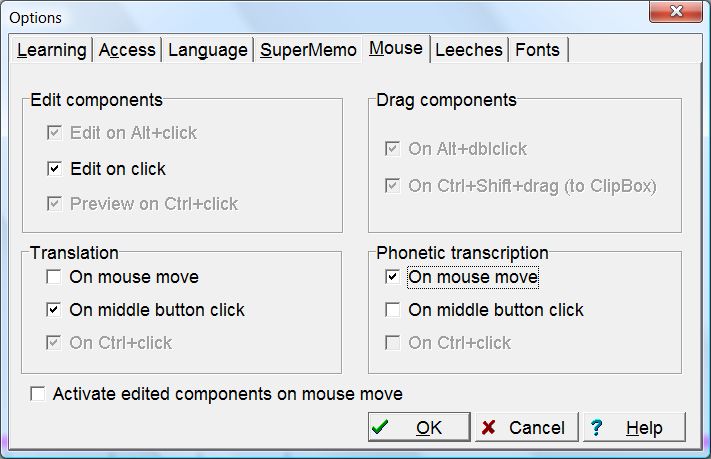 SuperMemo: Tools : Options : Mouse tab