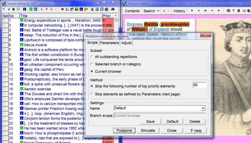 SuperMemo: The Scope page of the Postpone outstanding elements dialog box