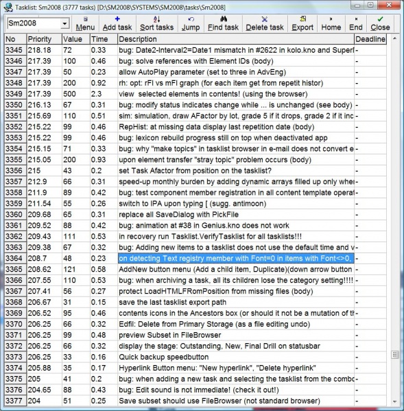 SuperMemo: Tasklist manager displaying the SuperMemo 2008 implementation list where individual to-do tasks are sorted by their priority as determined by the ratio of the value of a given task divided by the time necessary to complete it