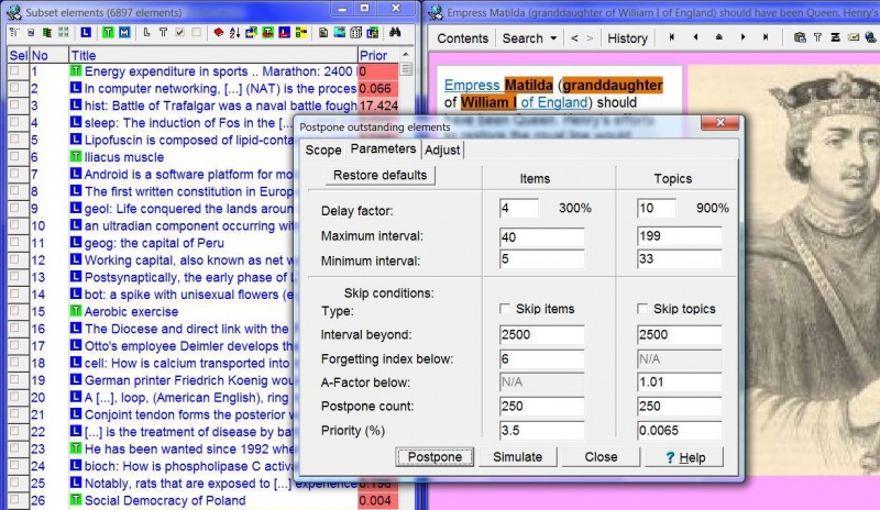 SuperMemo: The Parameters tab of the Postpone outstanding elements dialog box